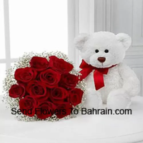 Bunch Of 12 Red Roses With Seasonal Fillers Along With A Cute 14 Inches Tall White Teddy Bear