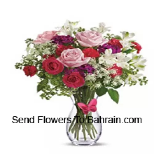 Red Roses, Pink Roses, Red Carnations And Other Assorted Flowers With Fillers In A Glass Vase -- 24 Stems And Fillers