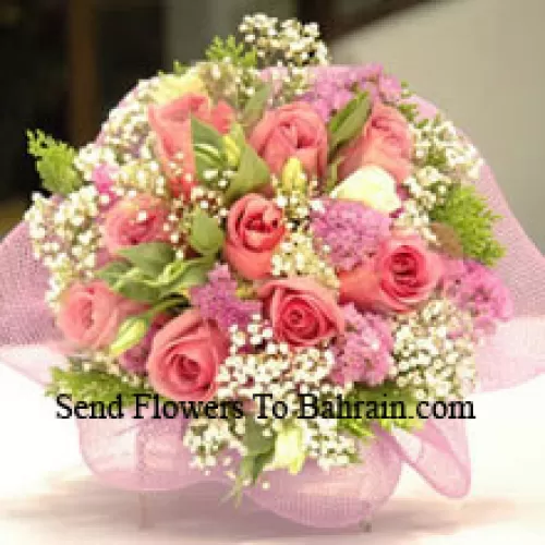 Bunch Of 12 Pink Roses With Fillers