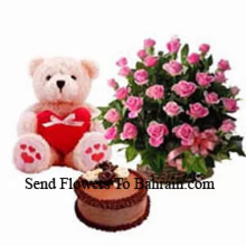 Basket Of 24 Pink Roses, 1.5 Feet Teddy Bear And 1 Kg Chocolate Truffle Cake