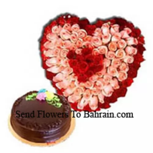 Heart Shaped Arrangement Of 150 Roses (Red And Pink) Along With Delicious 1 Kg Chocolate Truffle Cake