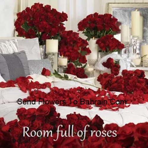 Notre chambre pleine de roses comporte de nombreux arrangements de roses rouges - le nombre total de roses dans le paquet est de 500
