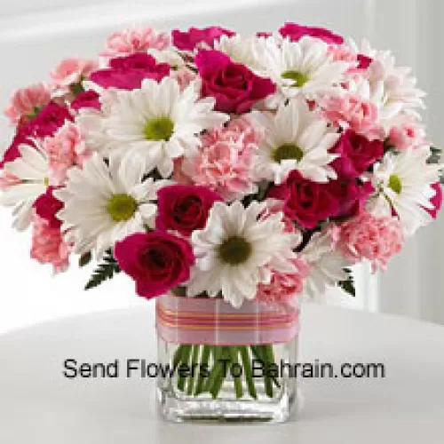 12 Red Roses, 12 White Daisies And 12 Pink Colored Carnations In A Glass Vase