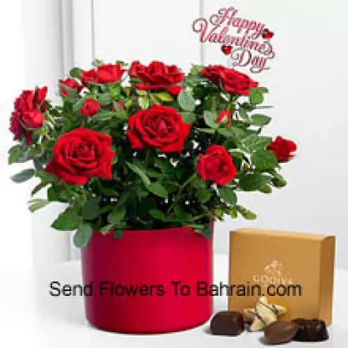 24 Rote Rosen mit einigen Farnen in einer großen Vase und einer Schachtel Godiva-Schokoladen (Wir behalten uns das Recht vor, die Godiva-Schokoladen durch Schokoladen von gleichem Wert zu ersetzen, falls sie nicht verfügbar sind. Begrenzter Vorrat)