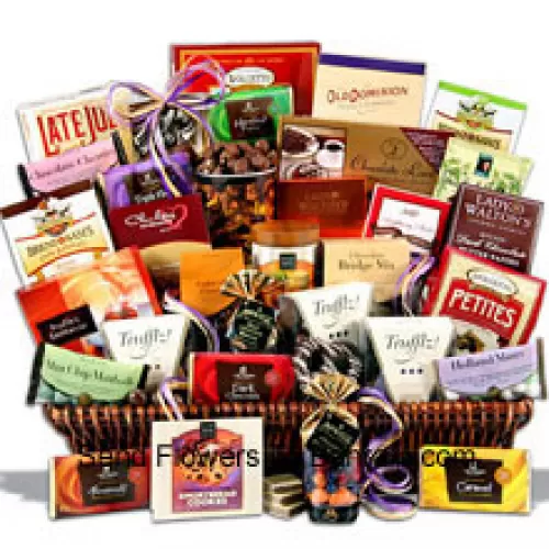 This giant chocolate gift basket is loaded with thirty of our favorite chocolate indulgences that are guaranteed to quench an army of chocolate lovers cravings! We create this masterpiece with only the finest award-winning gourmet chocolate delicacies sourced from around the globe. The result of our efforts is a chocolate gift basket unrivalled in the gift world! Inside they will discover the finest the confectionery world has to offer from the top brands  (Please Note That We Reserve The Right To Substitute Any Product With A Suitable Product Of Equal Value In Case Of Non-Availability Of A Certain Product)