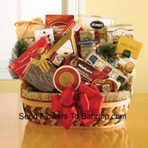 This special Gourmet Gift Basket comes packed with a sweet and savory selection of gourmet snacks that are all ready to eat and be enjoyed. He will be pleased with the great selection inside: pesto havarti cheese, smoked salmon, caviar, English tea cookies, shortbread cookies, Ghirardelli chocolates, biscotti, toffee almonds, Ghirardelli squares, Jelly Belly jelly beans, chocolate cheese sticks, chocolate caramel cookies and peppermint popcorn. (Please Note That We Reserve The Right To Substitute Any Product With A Suitable Product Of Equal Value In Case Of Non-Availability Of A Certain Product)